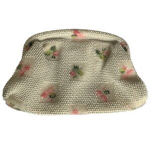 Vintage VTG 1950s Lumured Beaded Clutch – White Floral Bead Evening Bag Made in